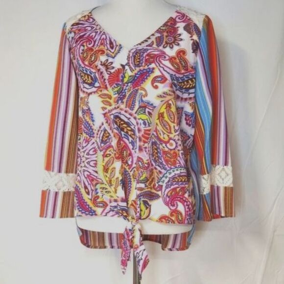 Figueroa & Flower Tie Front Colorful Striped & Floral Lace Accent Hi Low Blouse - Picture 1 of 10